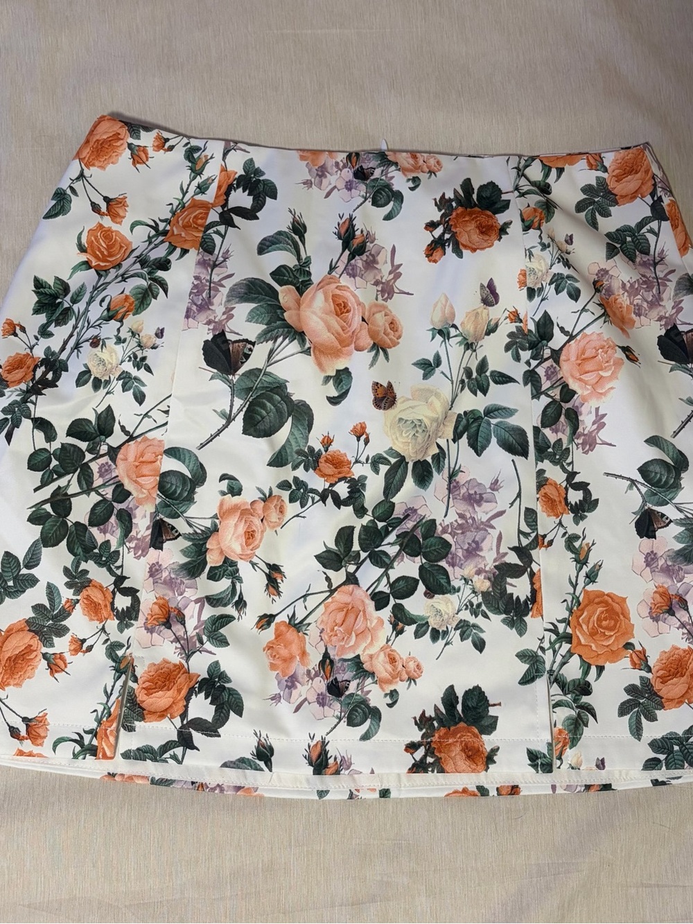 Kittenish Cream A-Line Skirt with Peach & Green Rose Print